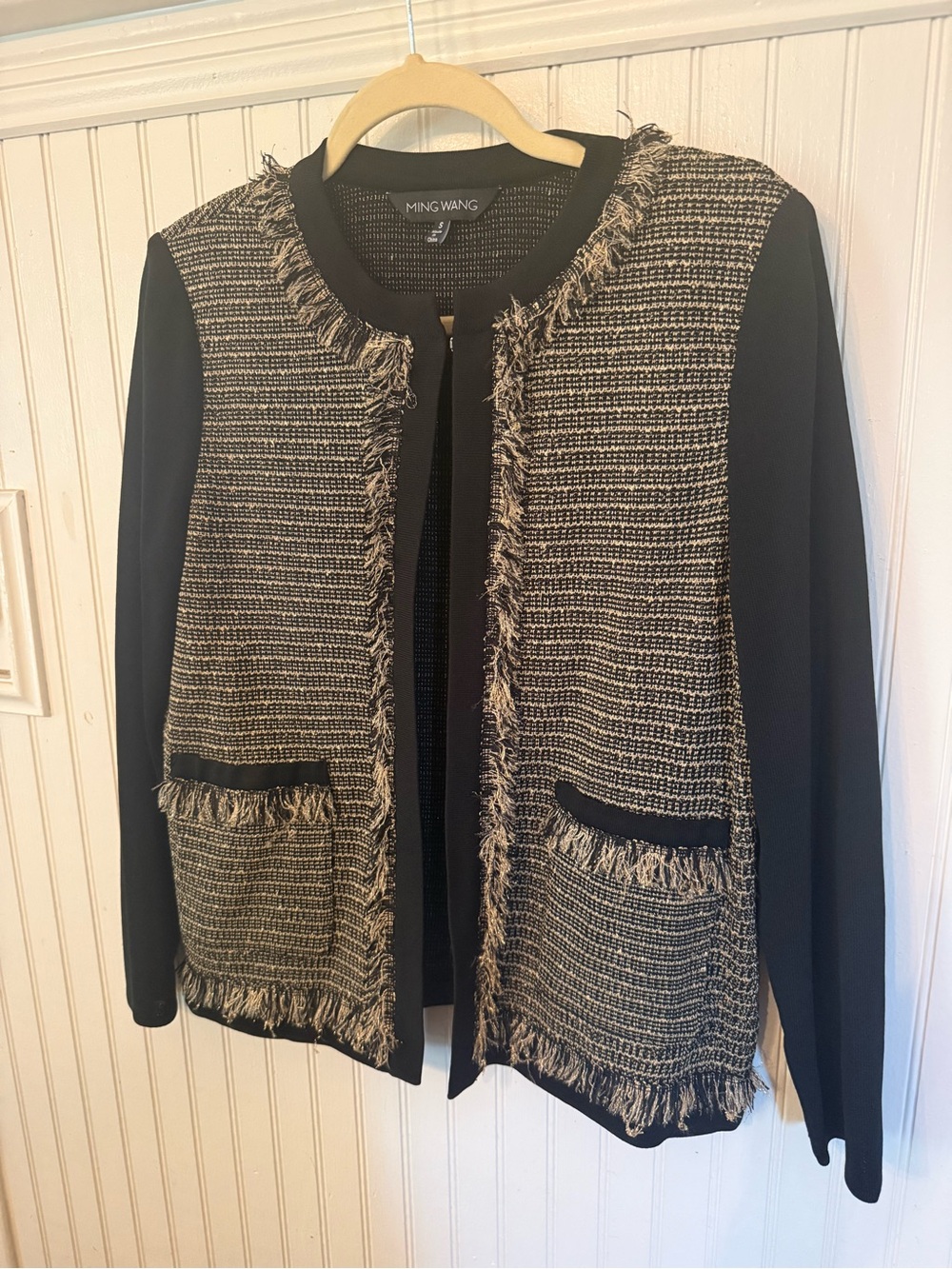Ming Wang Eyelash Trim Tweed Small Black and Gold Jacket